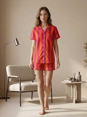 Vibrant Pink Cotton Pajama Set for Women, Summer Shorts Set